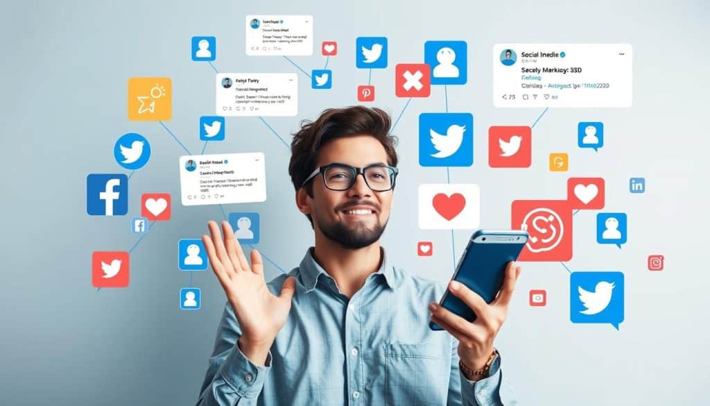 Generate an image representing social media marketing, such as a person engaging with followers on various social media platforms.