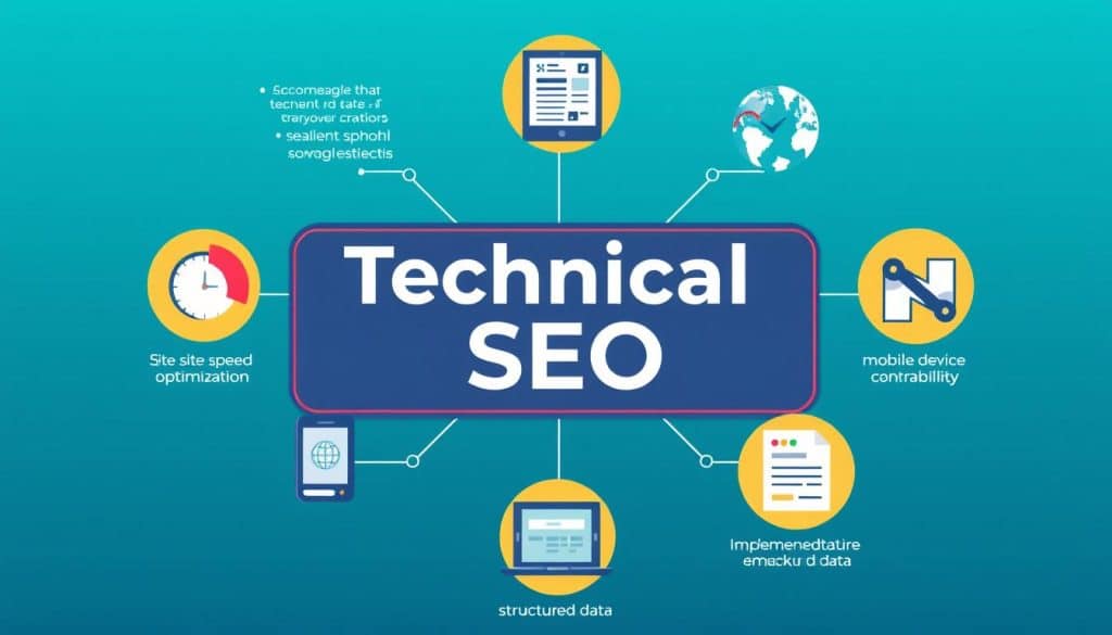 Generate an image representing technical SEO elements like site speed, mobile compatibility, and structured data.