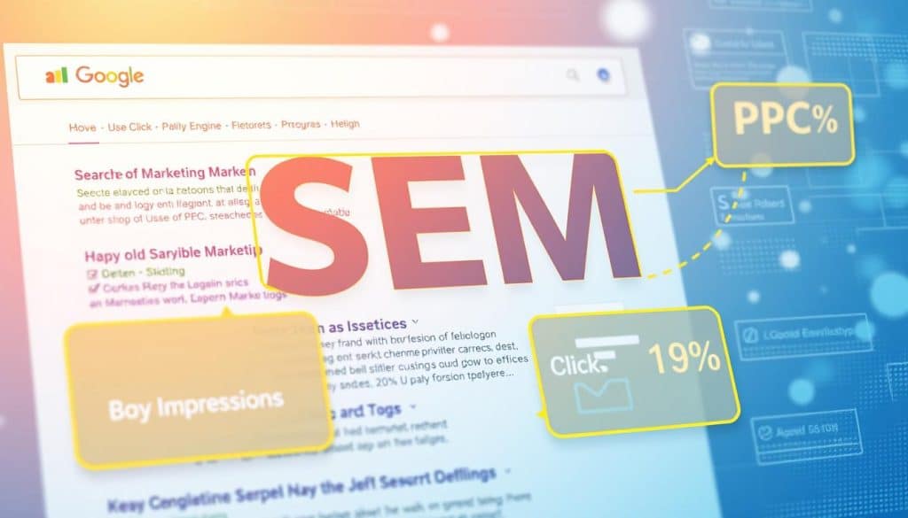 Generate an image representing the concept of Search Engine Marketing (SEM) and PPC, such as a search engine results page with highlighted ads.