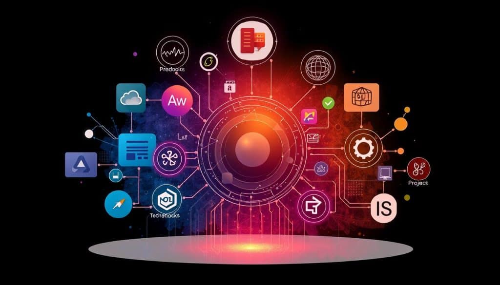 Generate an image representing the concept of backend technologies and frameworks working together to power a web application.