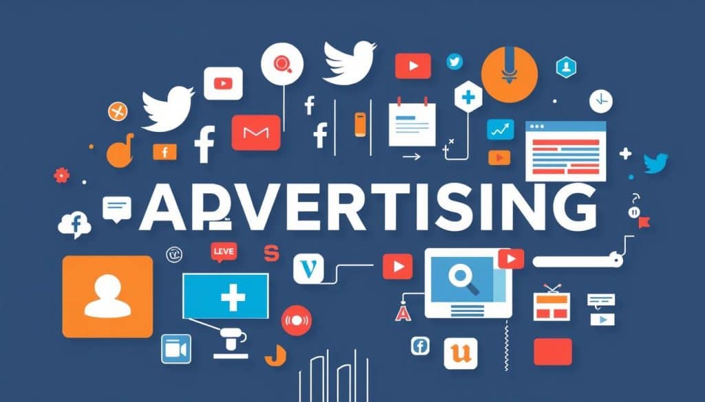 Generate an image representing the concept of digital advertising, including elements like social media, search engines, and online ads.