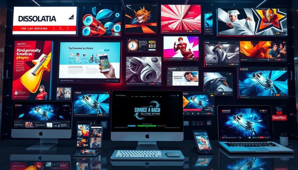Generate an image representing the concept of display advertising, including various ad formats like banner ads, responsive ads, and rich media on different digital platforms.