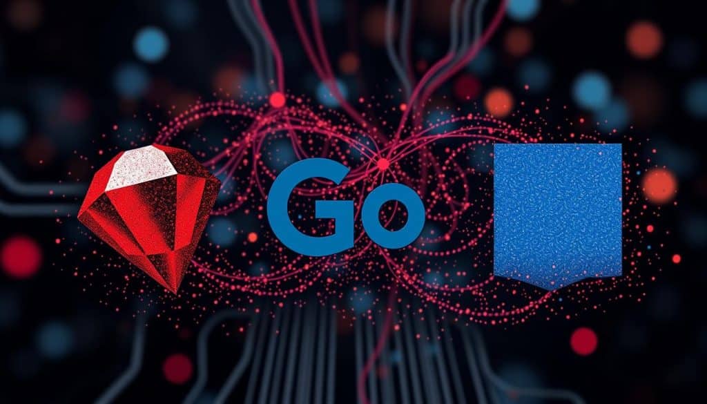 Generate an image representing the convergence of Ruby, Go, and TypeScript in web development.
