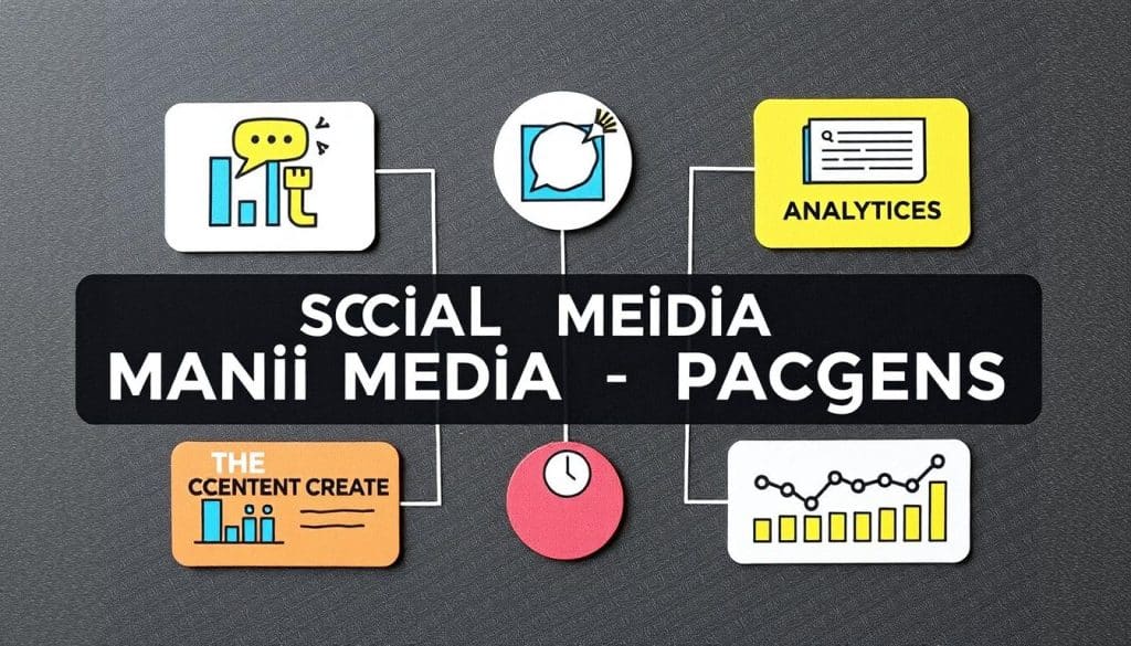 Generate an image representing the core components of social media management packages, including strategy development, content creation, community management, and analytics.