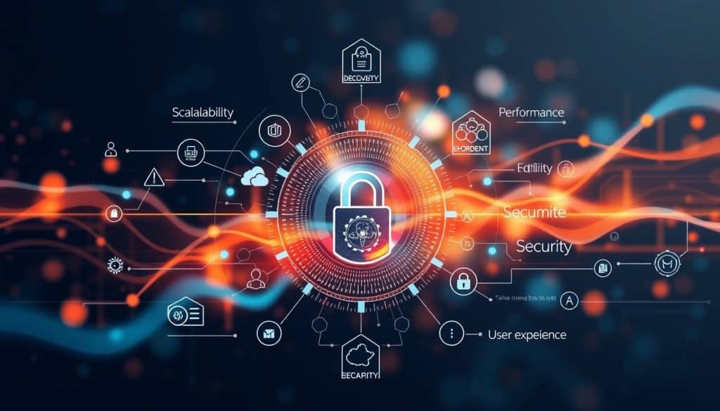 Generate an image representing the core principles of online development, including elements like scalability, performance, security, and user experience. Generate an image representing the core principles of online development, including elements like scalability, performance, security, and user experience.