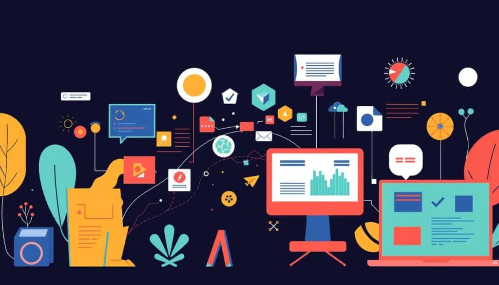 Generate an image representing the evolution of graphic design to UI/UX design, incorporating elements of both static visual communication and interactive digital products.