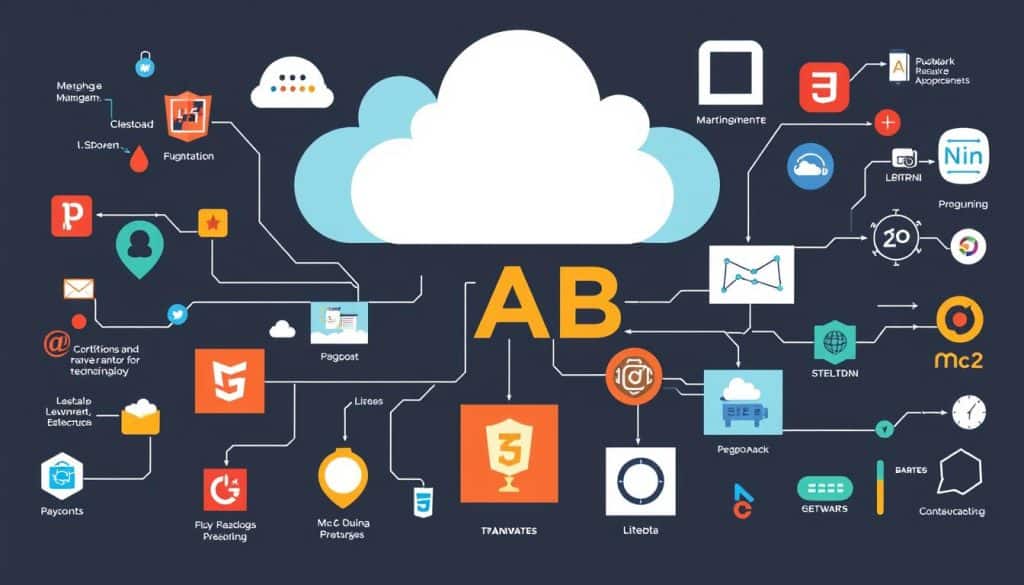 Generate an image representing the key technologies used in web application development