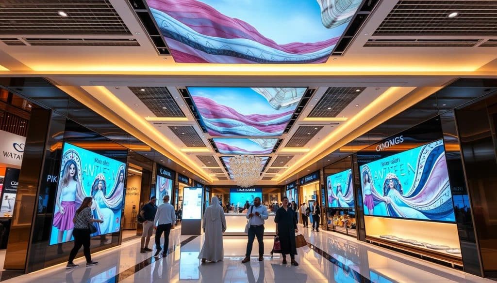 Generate an image representing the setup of digital signage in a retail environment in Qatar.