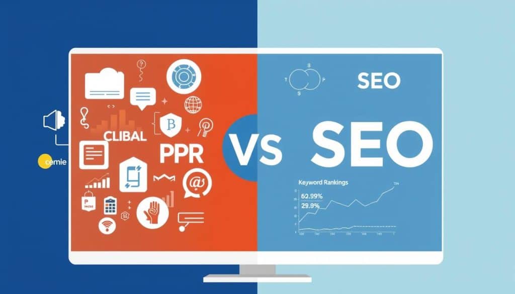 Generate an image representing the synergy between digital PR and SEO, such as a split-screen graphic with PR on one side and SEO metrics on the other.