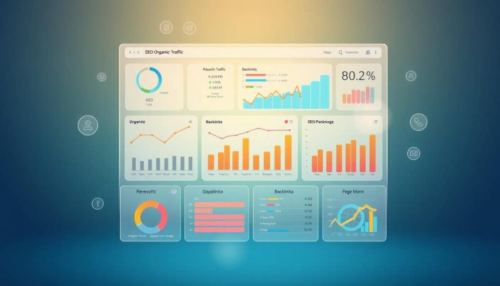 Generate an image representing transparent SEO reporting, such as a dashboard displaying various SEO metrics.