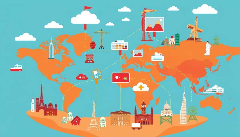 Generate an image showcasing the concept of CDNs delivering images across different geographical locations.
