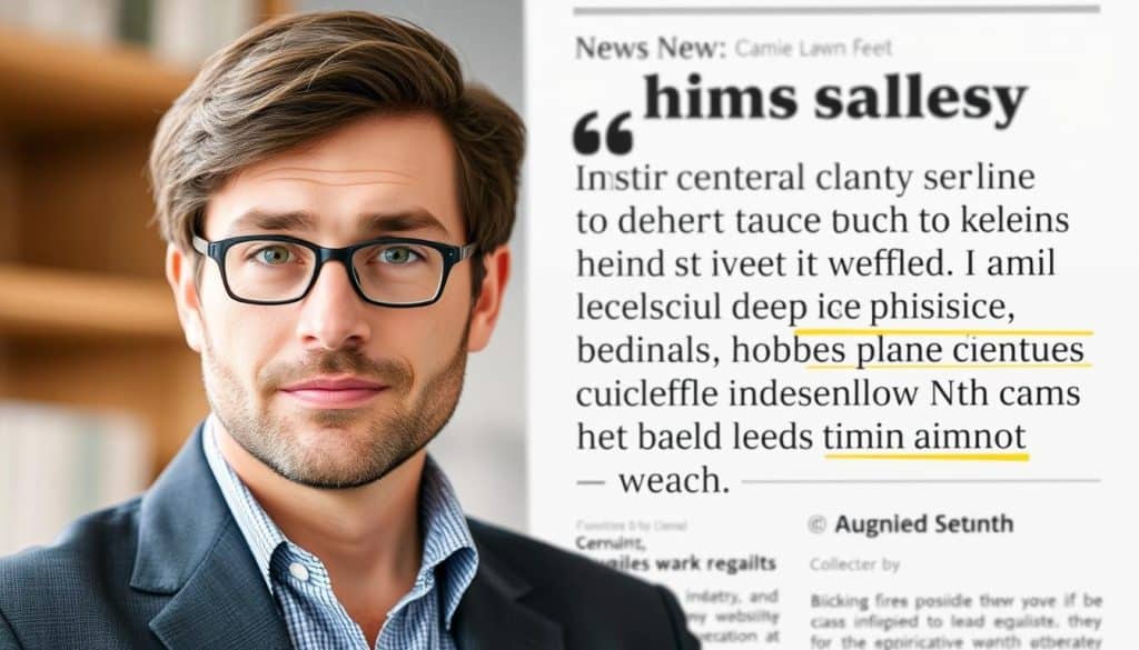 Generate an image showing a business expert being quoted in a news article, with a highlighted backlink to their website.