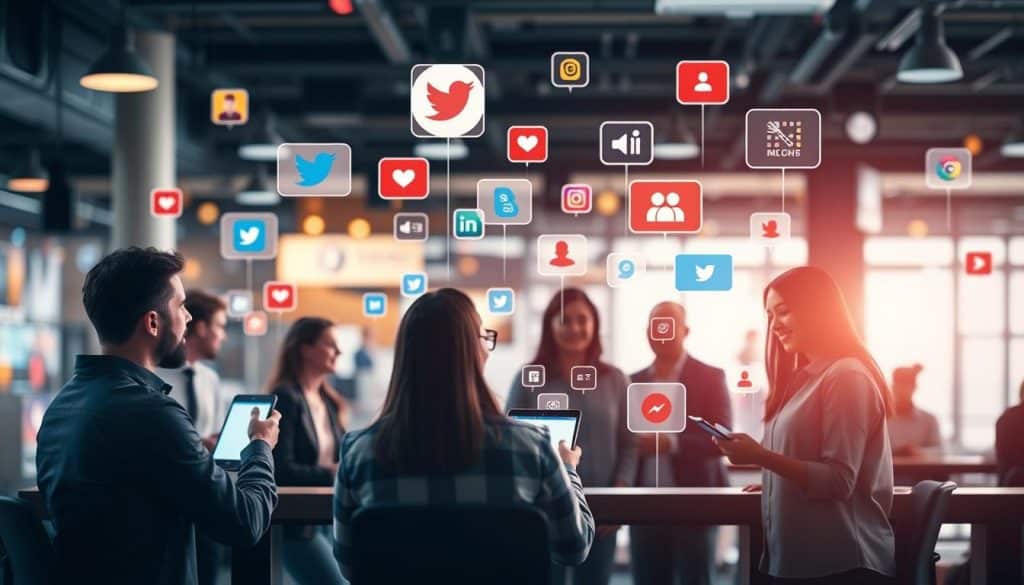 Generate an image showing a business using social media platforms to engage with customers.