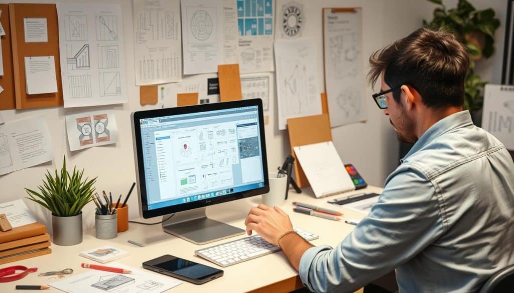 Generate an image showing a designer using wireframing and prototyping tools.