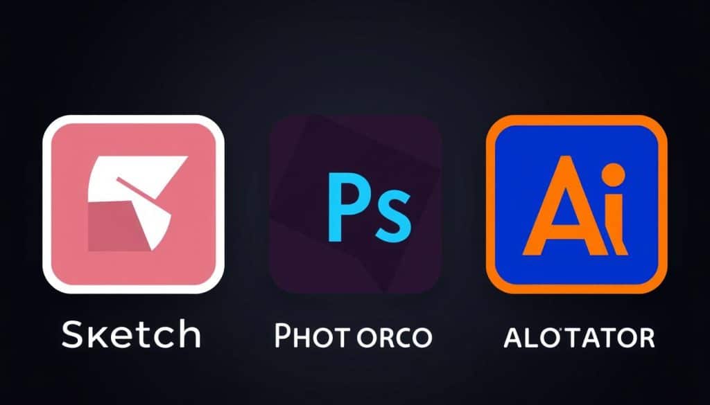 Generate an image showing the logos of Sketch, Figma, Adobe Photoshop, and Adobe Illustrator.
