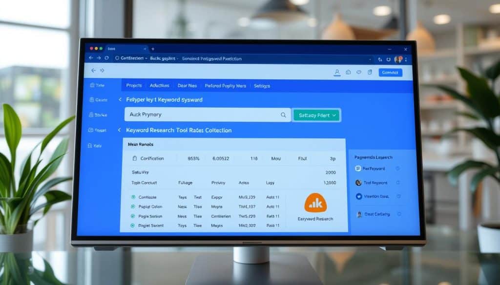 Generate image: Keyword research tools interface on a digital screen