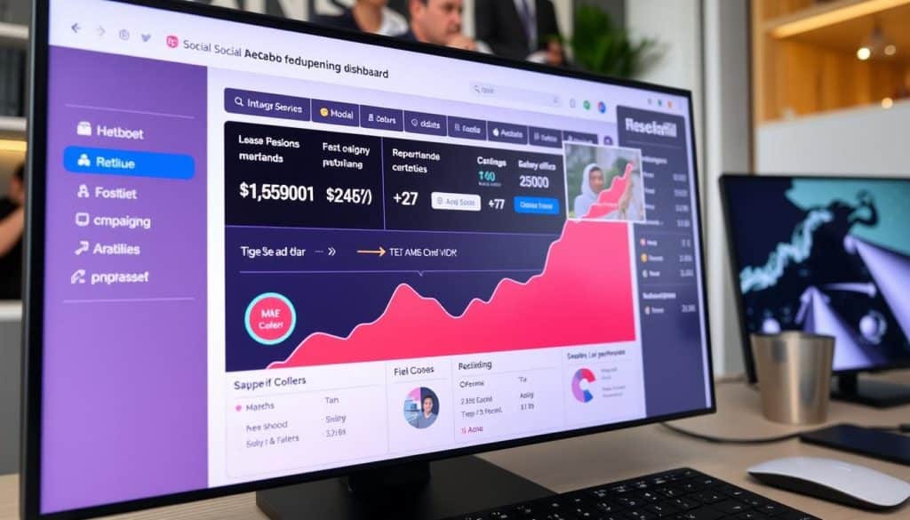 Generate image: Social media advertising dashboard on a desktop screen showing campaign performance metrics for Qatar-based businesses.