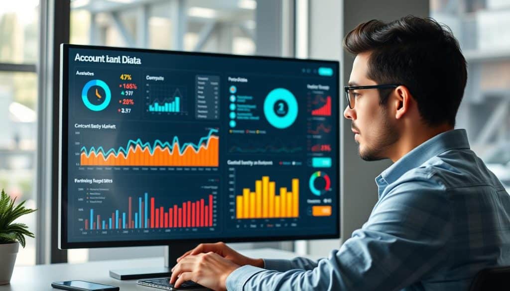 Generate image of a B2B marketer analyzing account-based marketing data on a digital dashboard