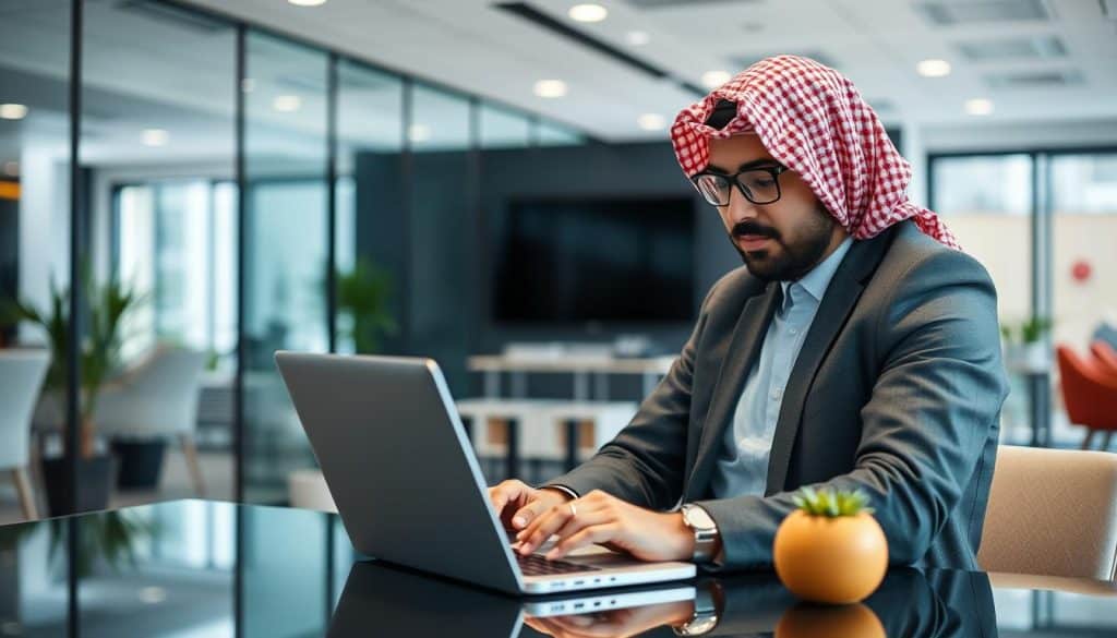 Generate image of a Qatari business professional creating content on a laptop