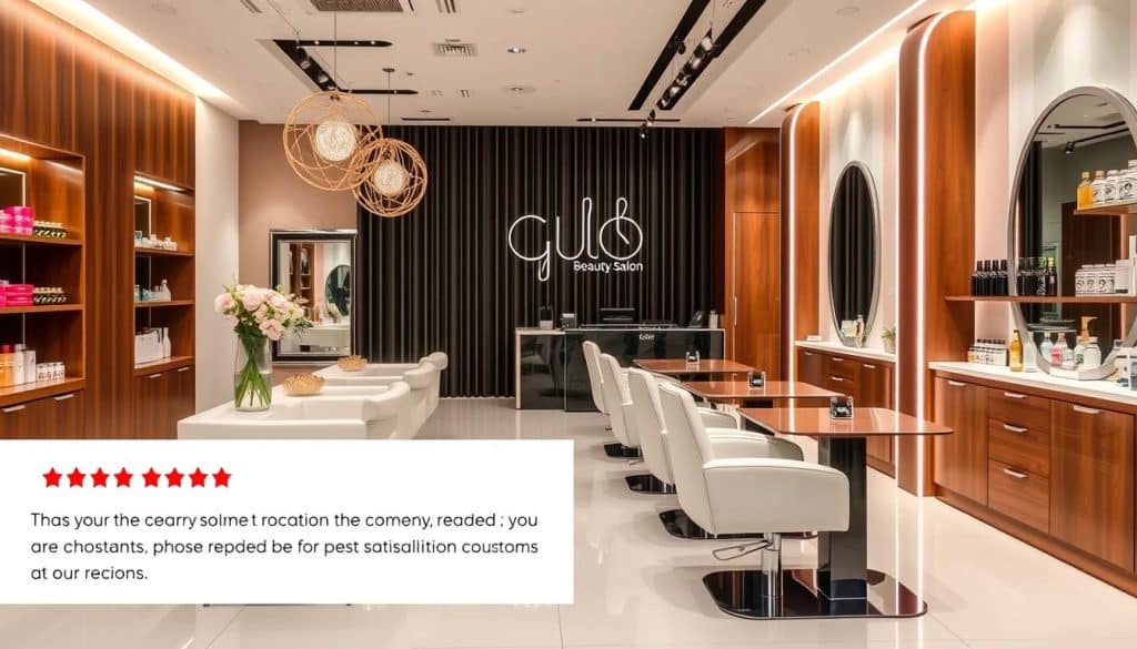 Generate image of a beauty salon in Qatar with a prominent online review section