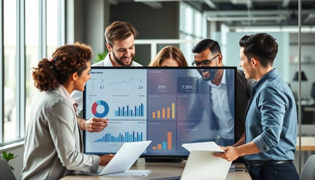 Generate image of a business team analyzing lead generation data on a digital dashboard Generate image of a business team analyzing lead generation data on a digital dashboard