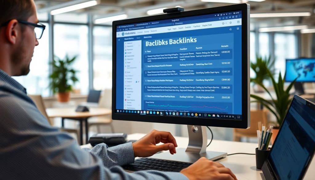 Generate image of a real estate professional analyzing backlinks on a computer screen