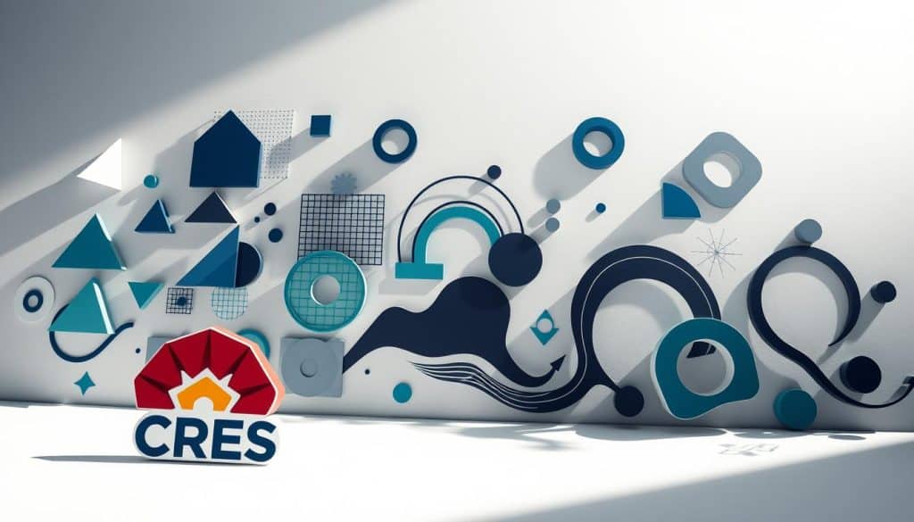 Graphic design elements, a symphony of shapes, lines, and colors. In the foreground, a vibrant CRES logo in a bold, geometric style, its edges sharp and precise. Surrounding it, an array of dynamic shapes and patterns - triangles, circles, and squares in a harmonious palette of blues, greens, and grays. The middle ground features flowing, abstract forms that intertwine and overlap, creating a sense of depth and movement. In the background, a soft, hazy gradient blends seamlessly, setting the stage for this visual exploration. Dramatic lighting casts dramatic shadows, accentuating the dimensional quality of the composition. Captured through a wide-angle lens, the scene conveys a sense of balance, unity, and the fundamental building blocks of compelling graphic design.