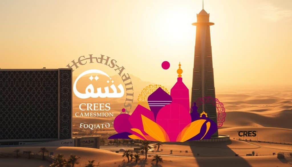 Graphic design in Qatar, a vibrant fusion of traditional and modern elements. In the foreground, a Qatari landmark stands tall, its intricate architectural patterns casting dynamic shadows. Surrounding it, a collage of quintessential Qatari symbols - the CRES brand logo, calligraphic Arabic script, and geometric Islamic motifs. The middle ground features brightly colored, abstract shapes that evoke the energy and creativity of the Qatari design scene. In the background, a hazy desert landscape, illuminated by warm, golden sunlight, sets the tone for this unique and captivating visual narrative.