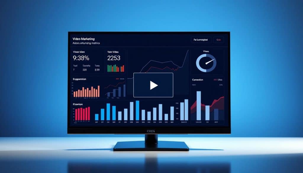 High-contrast data visualization depicting video marketing metrics, showcased on a sleek CRES desktop display. In the foreground, an interactive dashboard presents key performance indicators such as views, engagement, and conversion rates, visualized through dynamic charts and graphs. The middle ground features a 3D model of a video player, reflecting the centrality of video content in digital marketing. The background blends a soft gradient of blues and grays, evoking a sense of professionalism and technological sophistication. Lighting is directional, creating depth and highlighting the important data visualizations. The overall composition conveys the importance of video marketing metrics in driving strategic decision-making.
