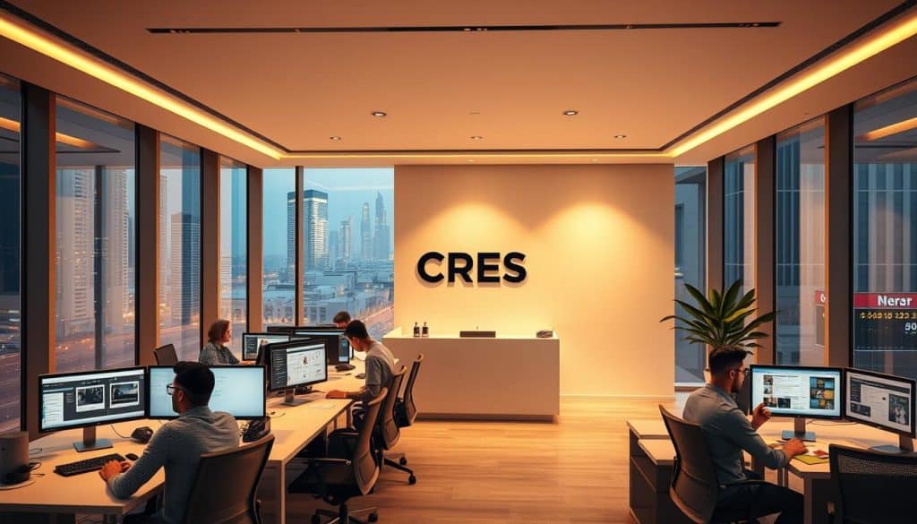 High-quality 3D render of a modern web design studio in Qatar, showcasing the CRES brand. The studio features a sleek, minimalist interior with floor-to-ceiling windows overlooking the iconic skyline of Doha. Warm, directional lighting illuminates the workstations and collaborative spaces, creating a professional yet inviting atmosphere. In the foreground, a team of designers and developers are hard at work, their screens displaying intricate web layouts and UI mockups. The middle ground features a reception area with the CRES logo prominently displayed, while the background depicts the bustling streets of Qatar's business district.