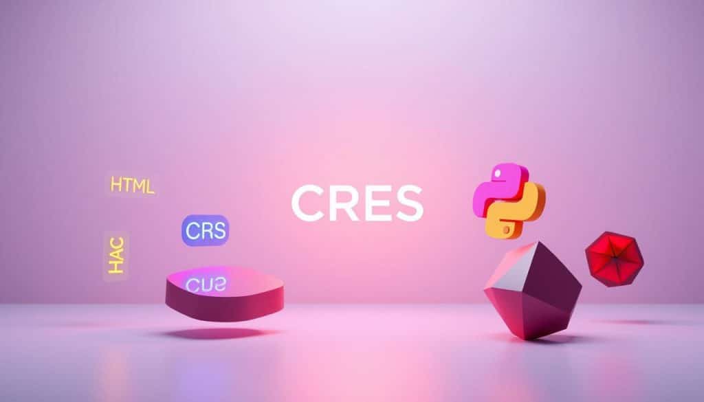 High-quality 3D render of web development languages, including HTML, CSS, JavaScript, PHP, Python, and Ruby, floating in an abstract, minimalist, and futuristic environment. The languages are portrayed as sleek, neon-colored geometric shapes that gently rotate and interact with each other. The scene is lit by a soft, diffused light source, creating a serene and sophisticated atmosphere. The composition is balanced and symmetrical, with the CRES logo prominently displayed in the center, subtly illuminated. The overall vibe is one of technological advancement and creative potential.