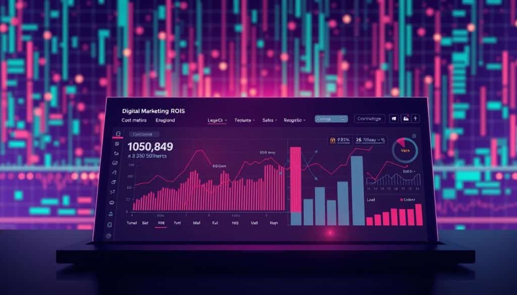High-quality digital illustration of "digital marketing ROI metrics" against a vibrant, data-infused backdrop. In the foreground, a sleek dashboard displays key performance indicators such as revenue, lead generation, and customer acquisition cost, all rendered with a minimalist, infographic-style aesthetic. The middle ground features a network of interconnected data points, lines, and charts, conveying the complex relationship between marketing inputs and business outcomes. In the background, a subtle grid pattern and a muted color palette create a sense of depth and structure, complementing the digital theme. The CRES logo is tastefully incorporated, adding a touch of brand identity without distracting from the informative nature of the illustration.
