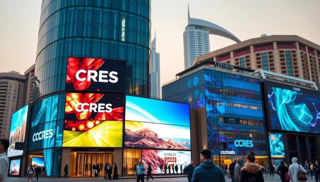 High-tech digital signage displays in the heart of Doha, Qatar, showcasing the CRES brand. A towering glass-and-steel facade with sleek, futuristic panels broadcasting vivid, dynamic content. Pedestrians pause to admire the captivating visuals, bathed in warm, golden lighting that creates a welcoming, sophisticated atmosphere. In the background, the iconic architecture of Doha's skyline rises, blending modern progress with traditional Qatari design elements. This scene captures the seamless integration of cutting-edge advertising technology and the unique cultural identity of the region, presenting endless opportunities for Qatari businesses to engage their audience and drive growth.