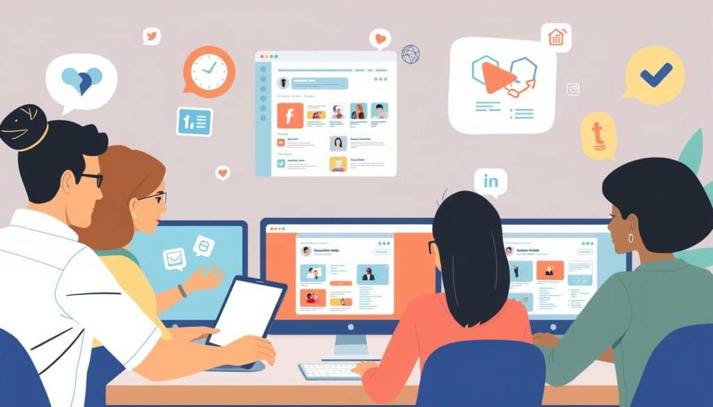 Illustrate a team using Hootsuite to schedule social media content