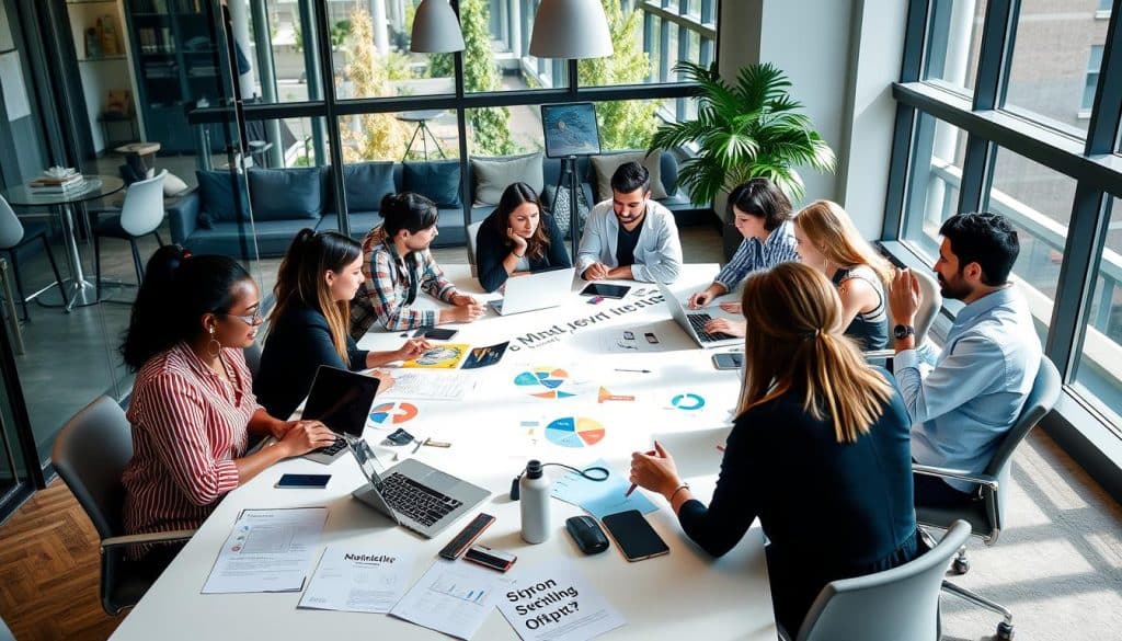 Image generation prompt: A digital marketing agency team brainstorming around a table with laptops and marketing materials.