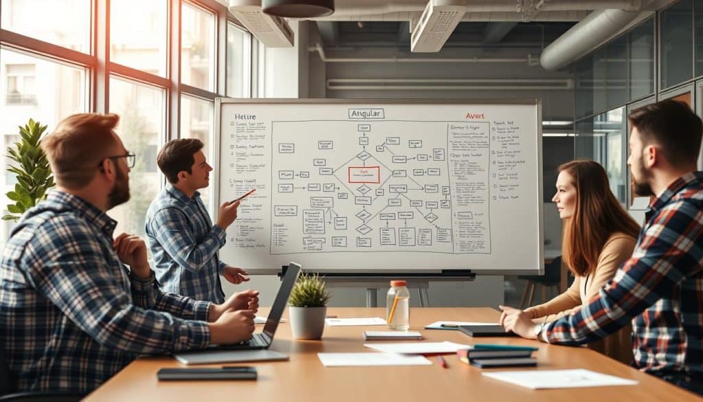 Image generation prompt for Angular: "An enterprise development team working on an Angular project, with a complex application architecture diagram on the board." Image generation prompt for Angular: "An enterprise development team working on an Angular project, with a complex application architecture diagram on the board."
