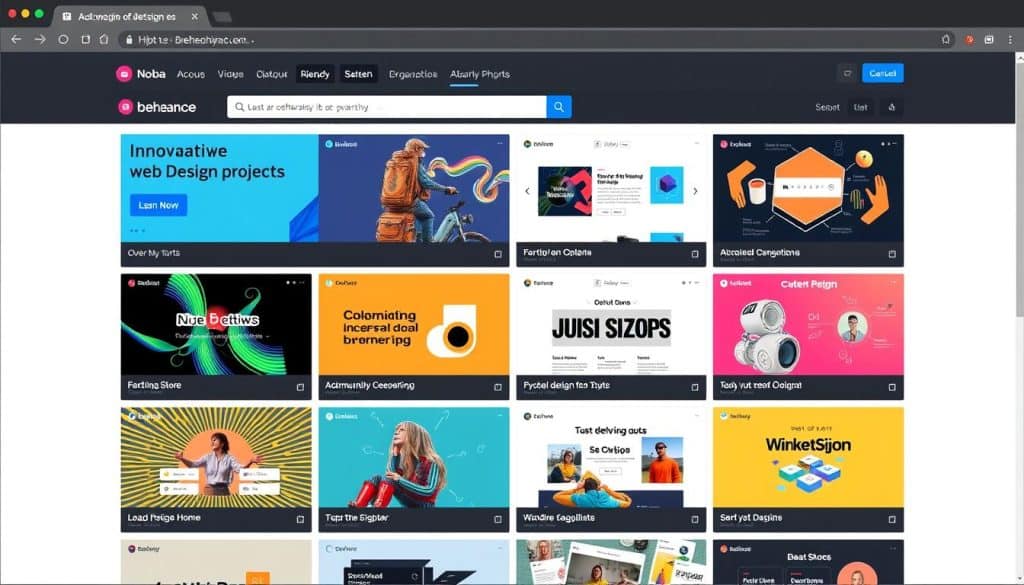 Image generation prompt for Behance: "A screenshot of Behance homepage showing web design projects"