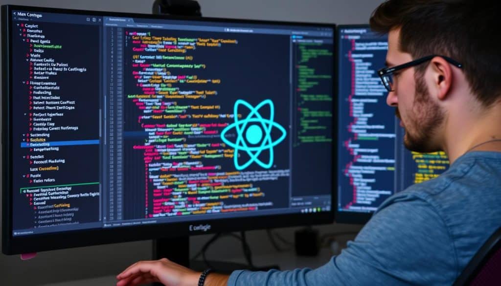 Image generation prompt for React JS: "A developer working on a React JS project, with code snippets and UI components on the screen." Image generation prompt for React JS: "A developer working on a React JS project, with code snippets and UI components on the screen."