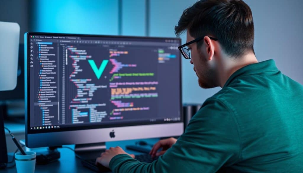 Image generation prompt for Vue.js: "A developer working on a Vue.js project, with a simple yet elegant UI component on the screen." Image generation prompt for Vue.js: "A developer working on a Vue.js project, with a simple yet elegant UI component on the screen."