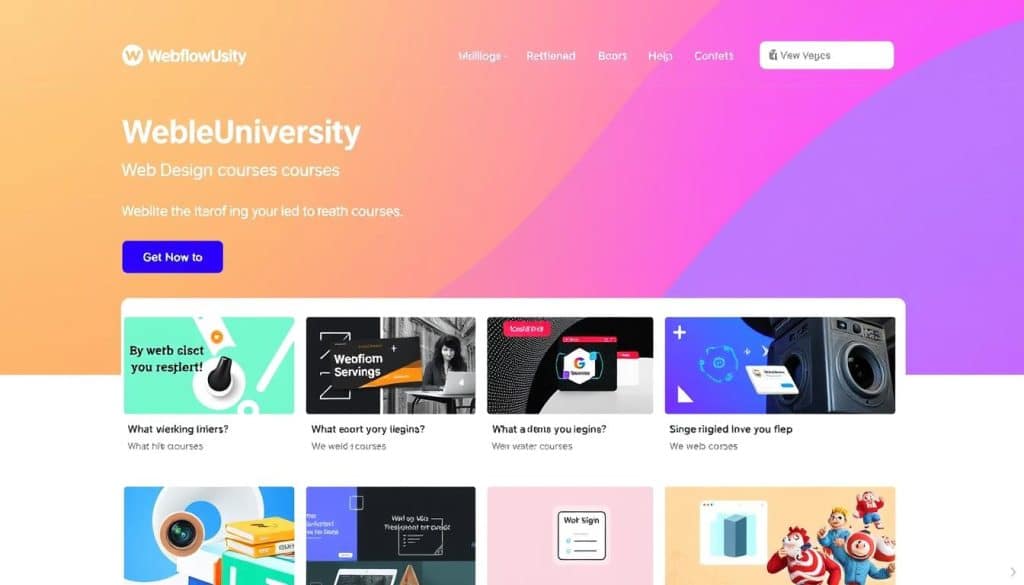 Image generation prompt for Webflow University: "A screenshot of Webflow University homepage showing various web design courses"