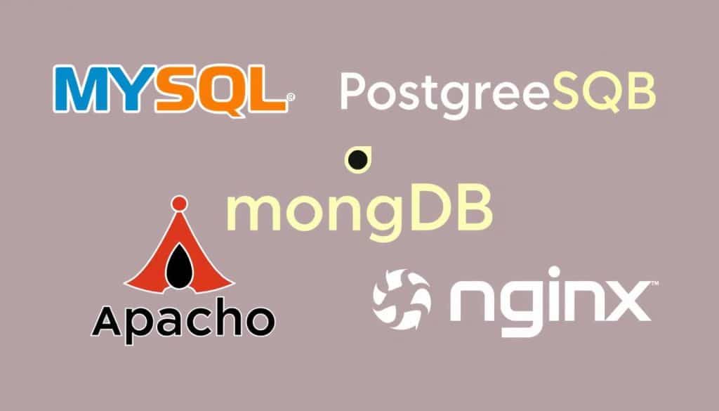 Image of MySQL, PostgreSQL, MongoDB, Apache, and Nginx logos