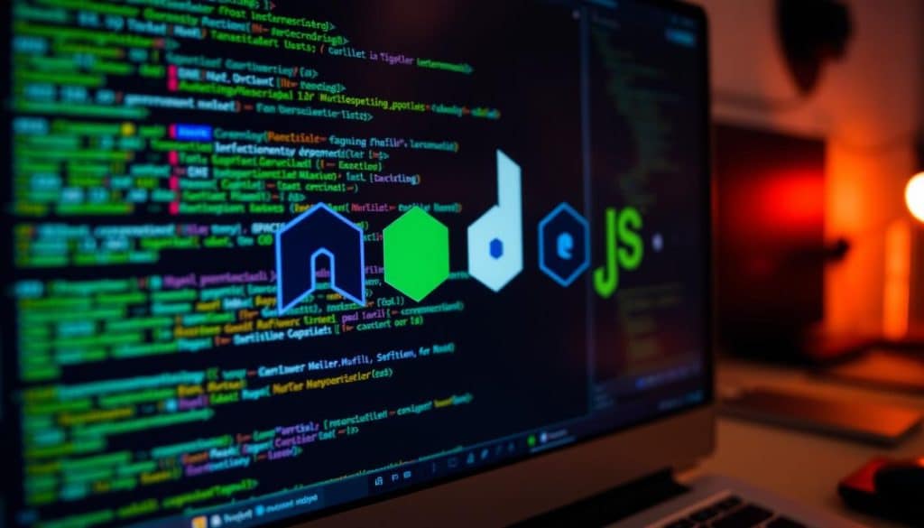 Image of Node.js logo on a developer's screen