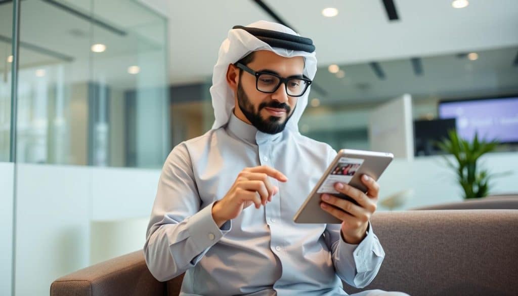 Image of a Qatari business owner analyzing Instagram ad performance on a tablet