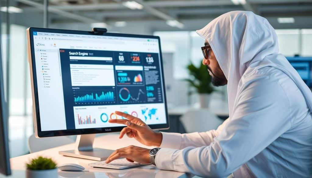 Image of a Qatari business professional analyzing search engine marketing data on a computer screen.