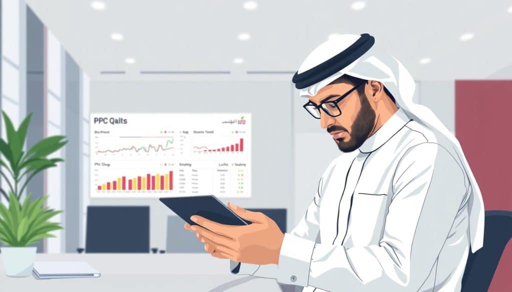 Image of a Qatari businessman analyzing PPC campaign results on a digital tablet