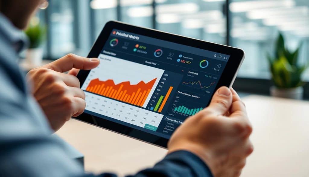 Image of a business professional analyzing paid media campaign results on a tablet