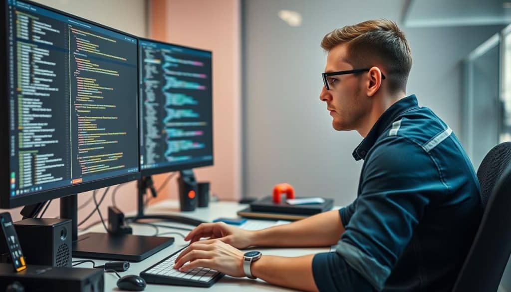 Image of a developer coding with HTML, CSS, and JavaScript on their screen