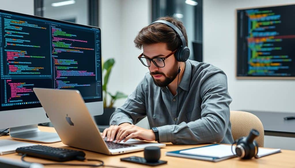 Image of a developer working with emerging programming languages on a laptop