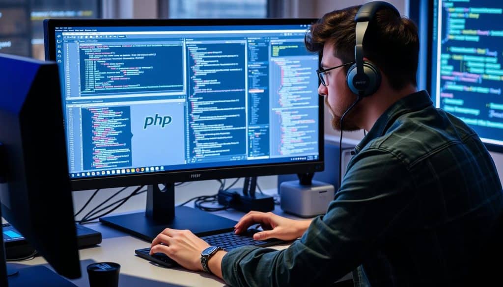 Image of a developer working with various PHP development tools on a computer