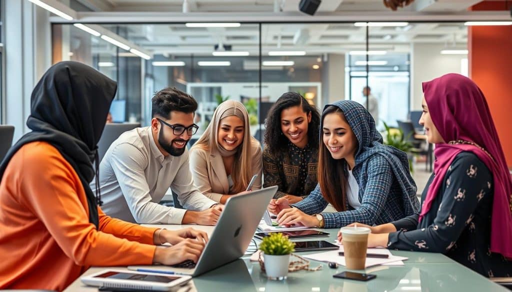 Image of a digital marketing team working together in a modern office setting in Qatar